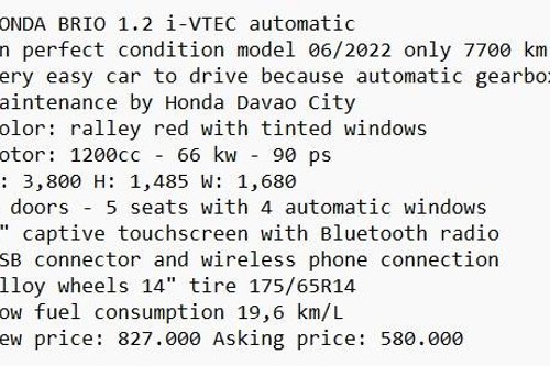 Old 2022 Honda Brio 1.2L V CVT
